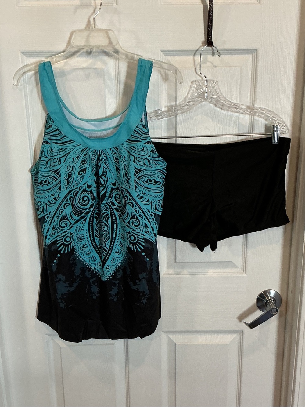 Turquoise and Black Tankini Swim Top with Black Swim Shorts